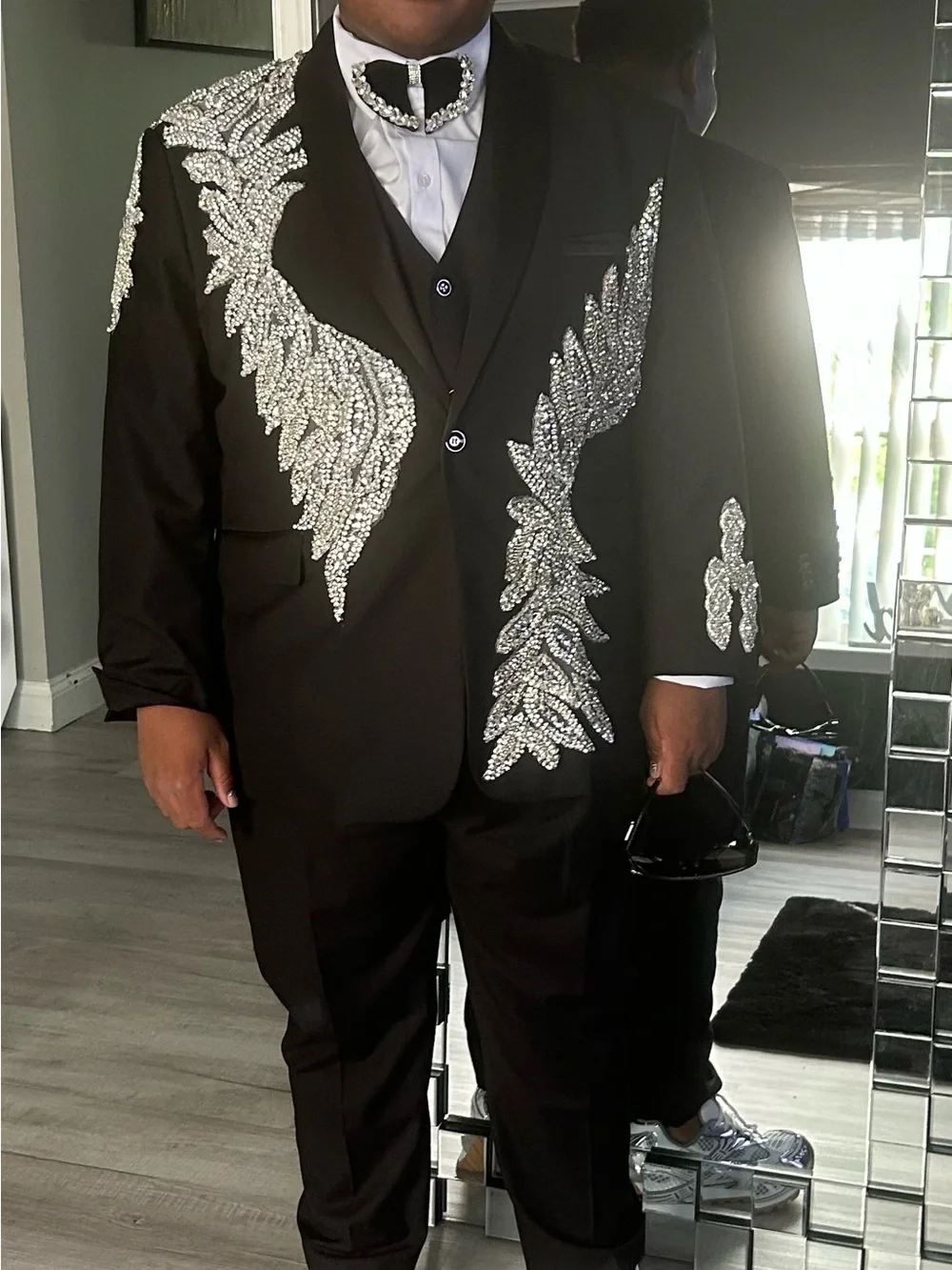 Men's Black Blazer with Silver Crystal Embellishment